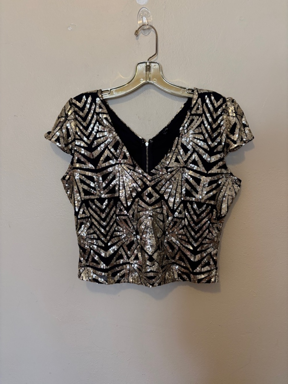Windsor Black Crop Top with Silver Sequin Geometric Design